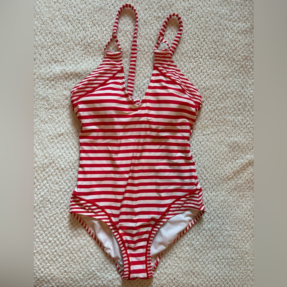Red & whited striped one piece swimsuit with built in bra; good coverage